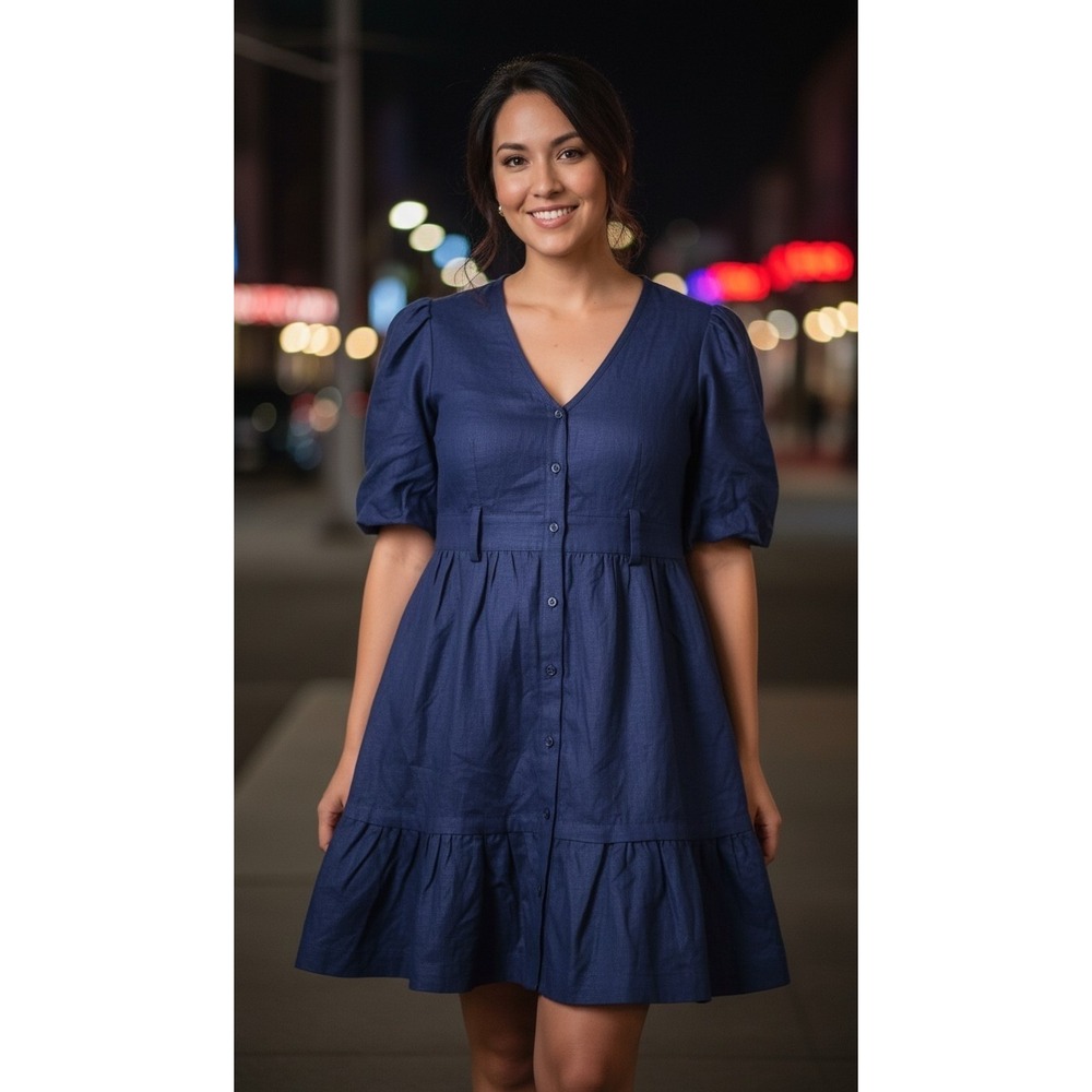 Marie Oliver Gwyneth Dress Pacific Blue 100% Linen Puff Sleeve Mini Size 4 NWT
